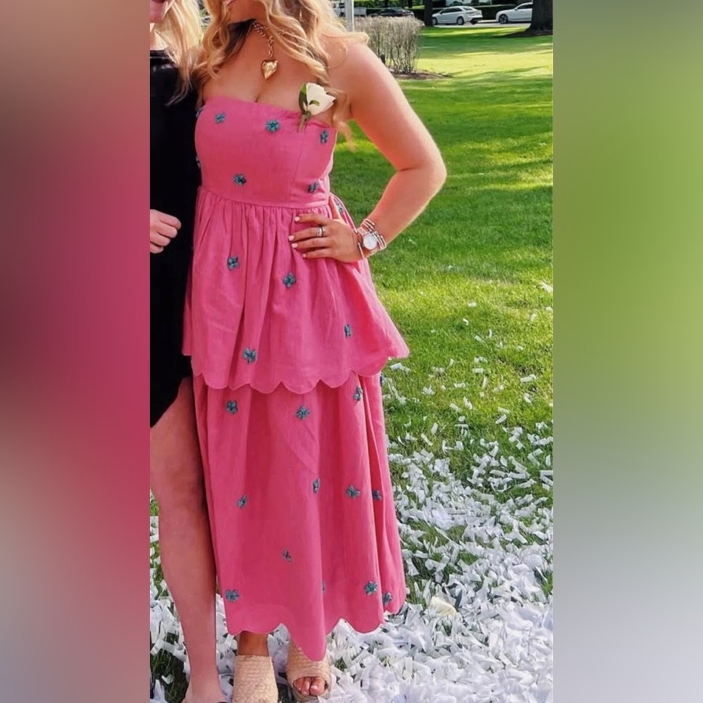 Daisy Dress by Eddy -Chic Pink Strapless Maxi Dress with Floral Accents - Picture 2 of 2